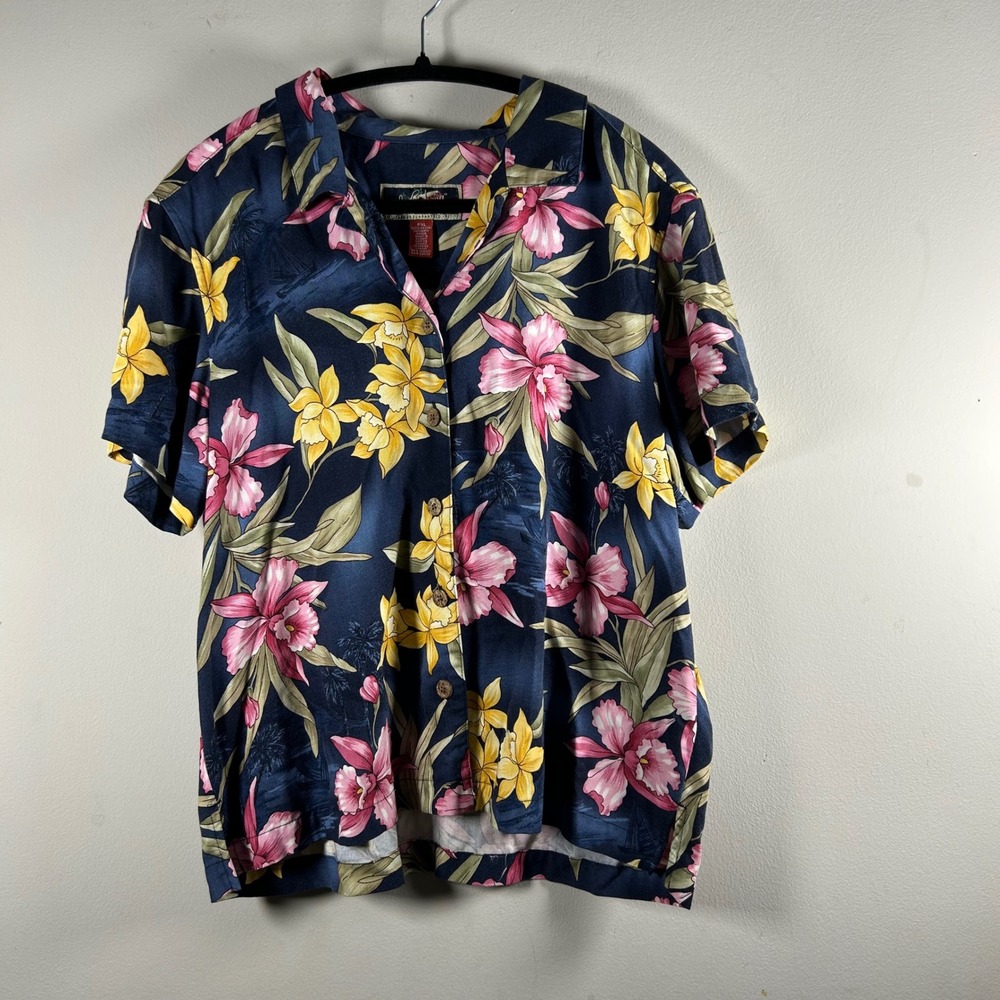 VTG La Cabana Tropical Floral Shirt Womens PXL Navy Blue Rayon Orchid Print